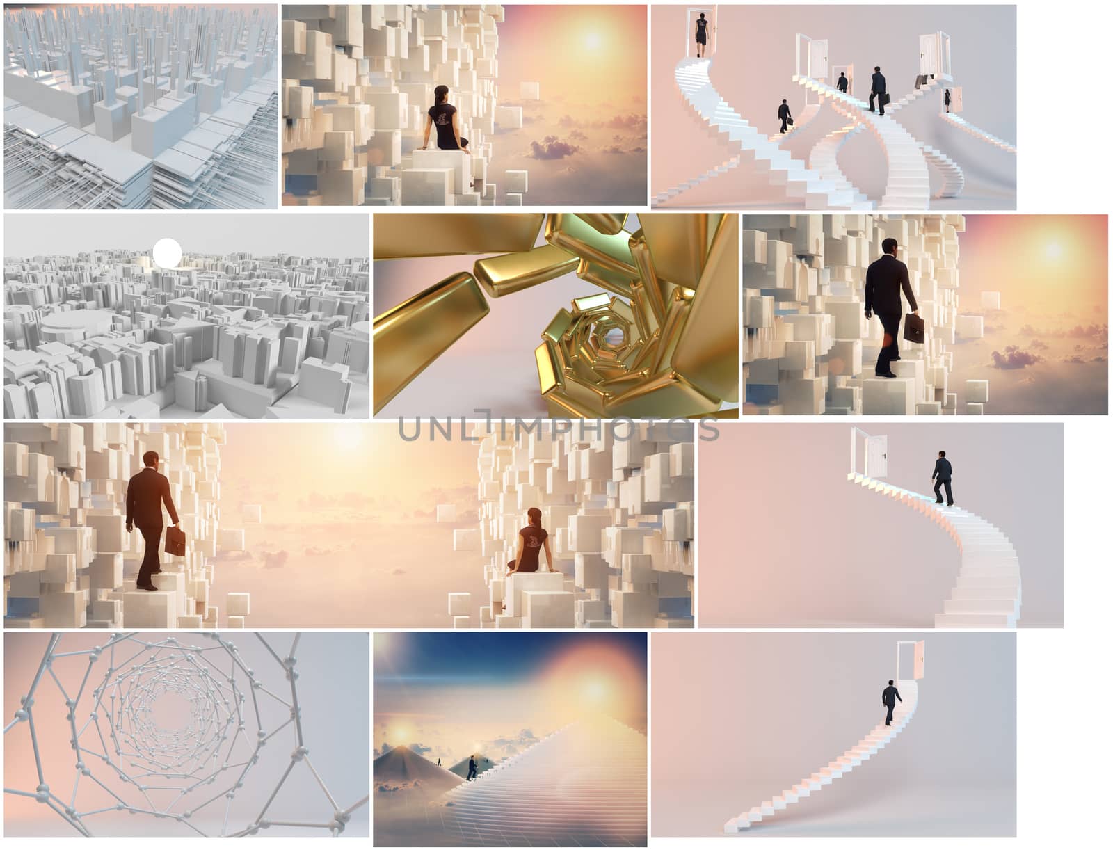 high quality render of several futuristic and business scenes with many elements and variety.