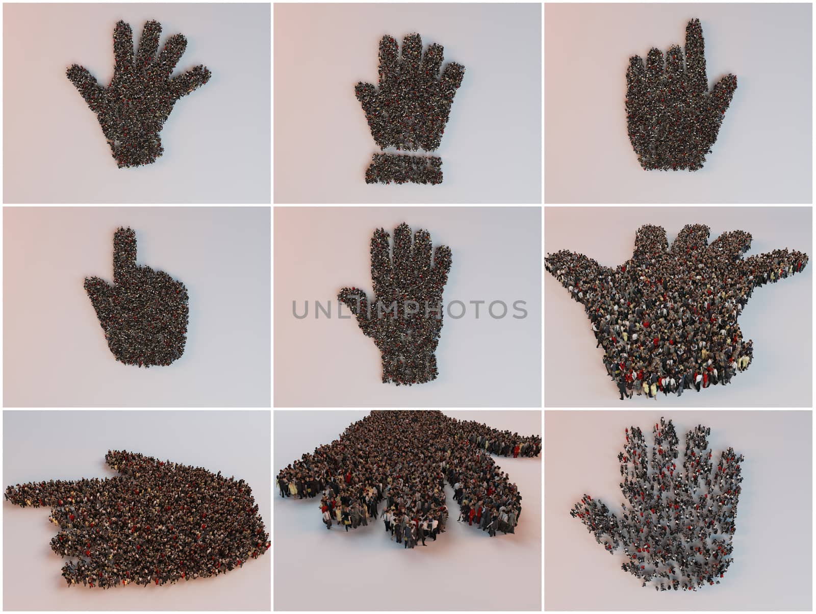 3D human characters forming different hands shapes inside a white stage with high quality render