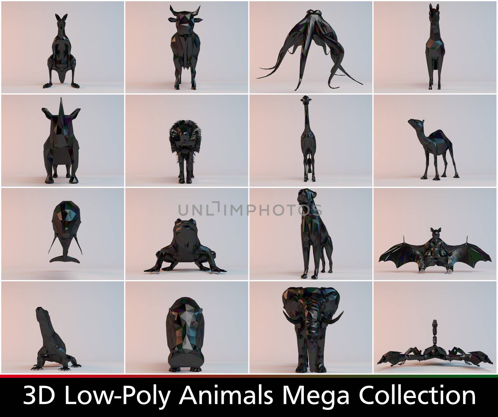 3d black low poly animals collection by fares139
