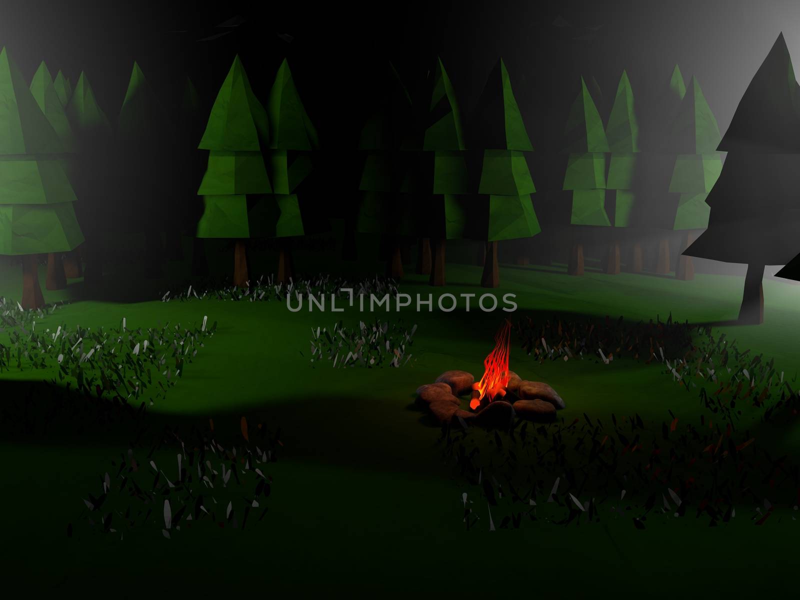 Low poly 3D night landscape with  camping fire and adventure feel