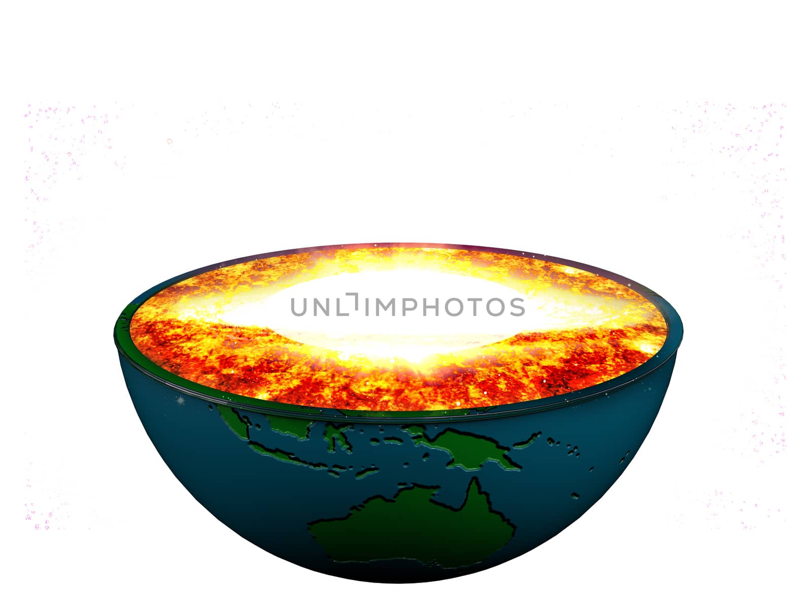 illustration of a sliced earth and an explosion isolated on white background