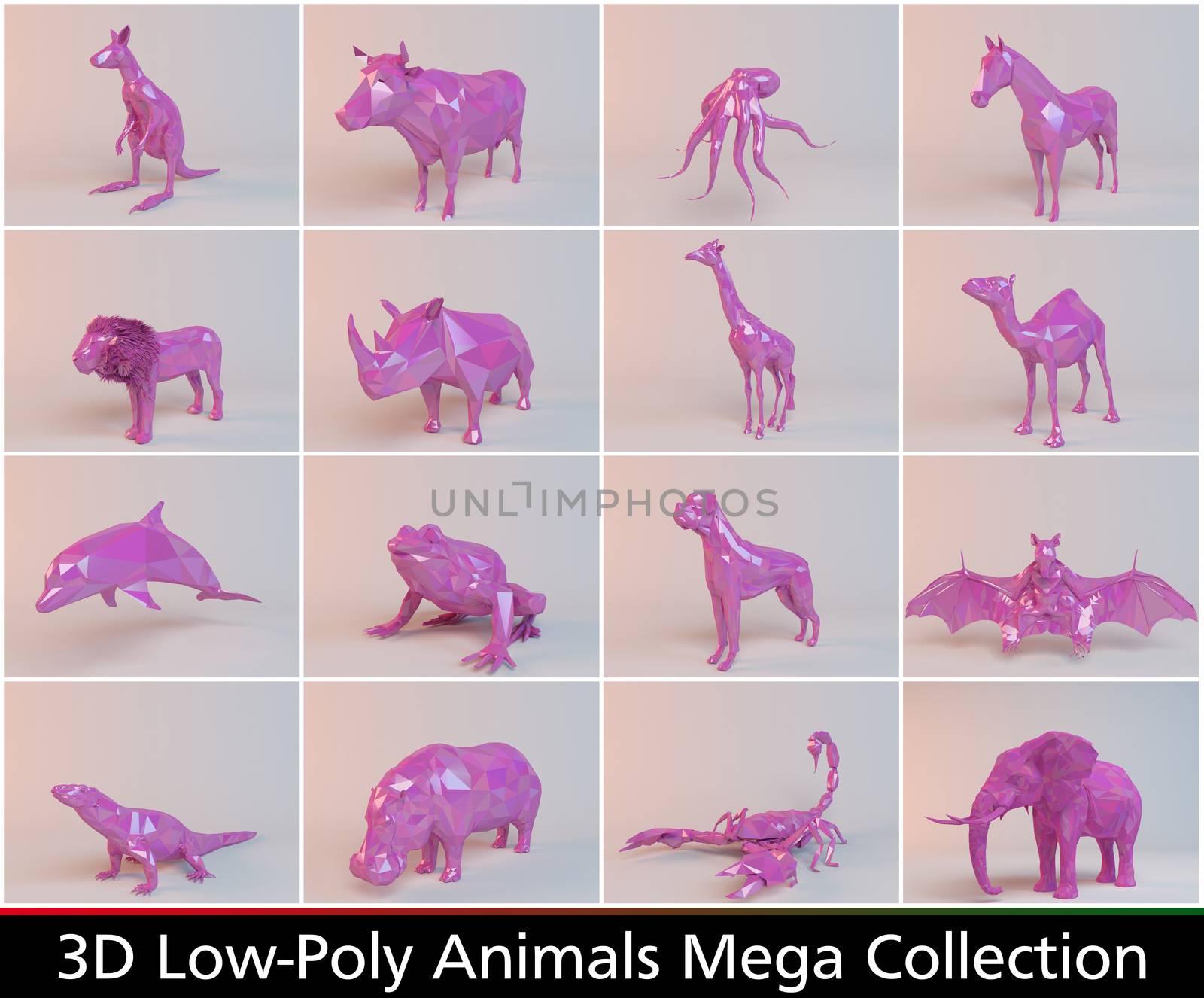 3d pink low poly animals collection by fares139