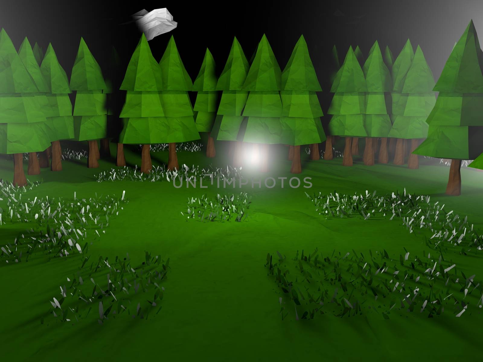 Low poly 3D night landscape with glowing sphere in the middle and adventure feel