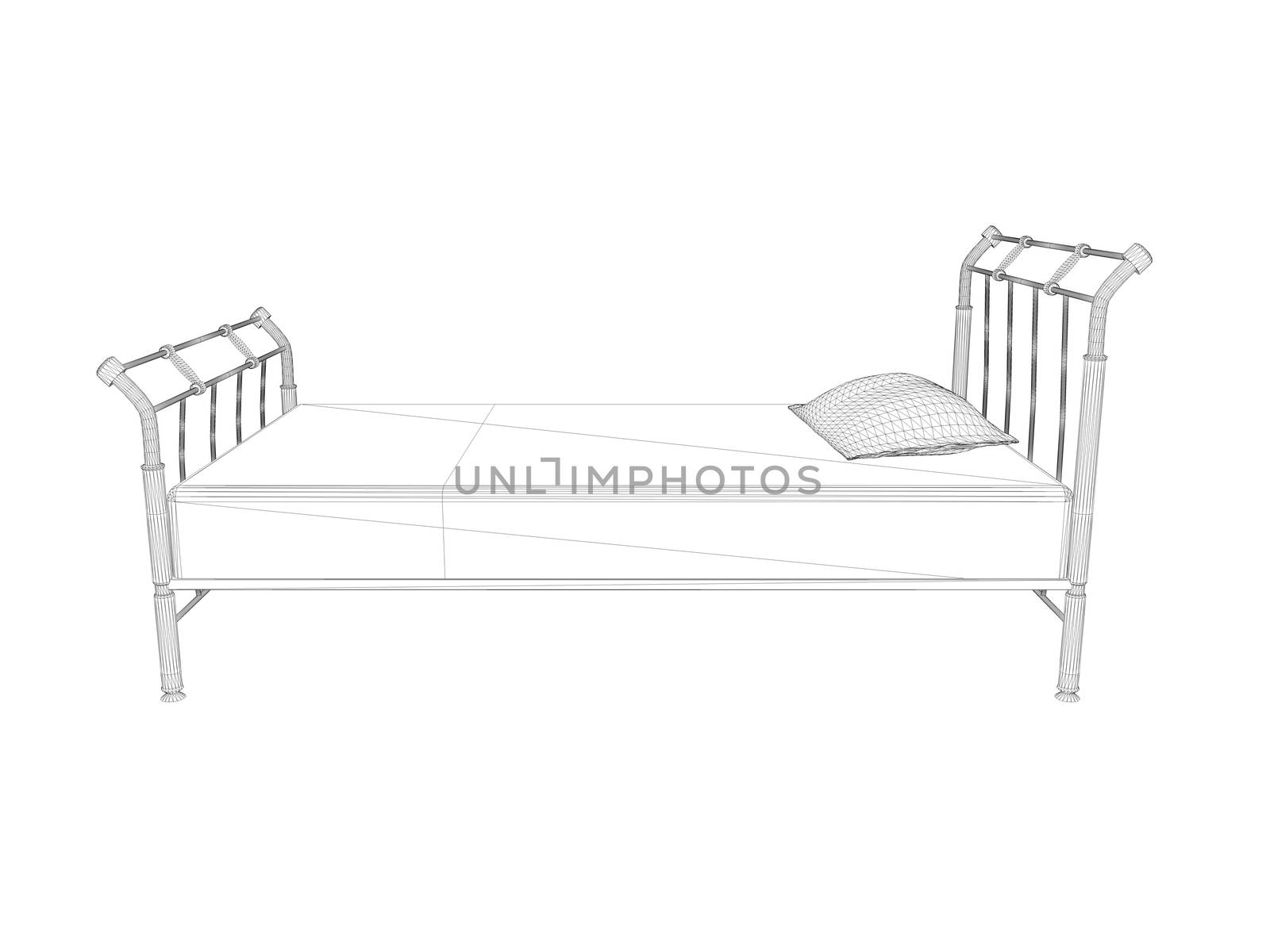 3d wireframe bed drawing illustration isolated on white background