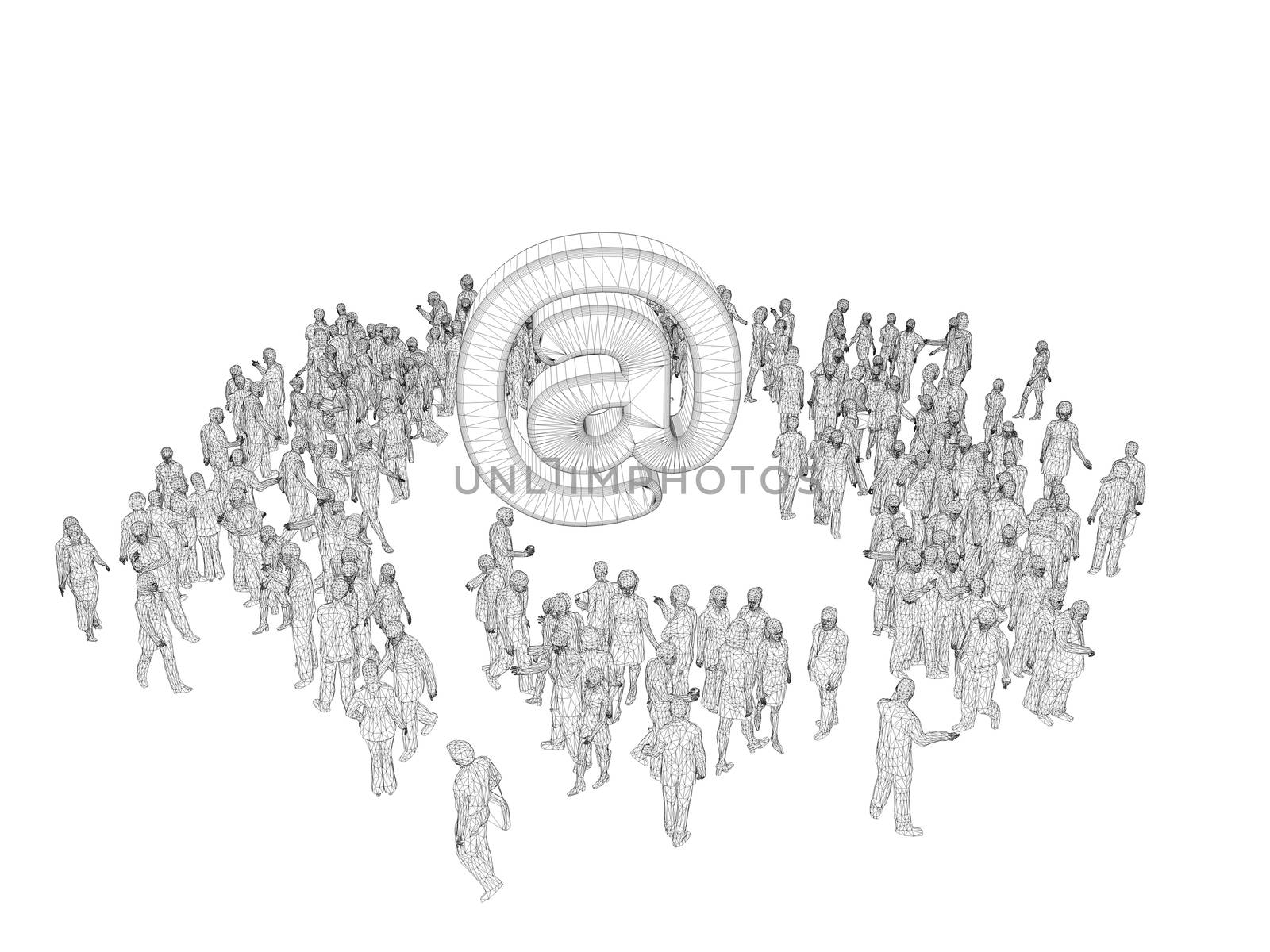 3d people wireframe around a symbol isolated on white background