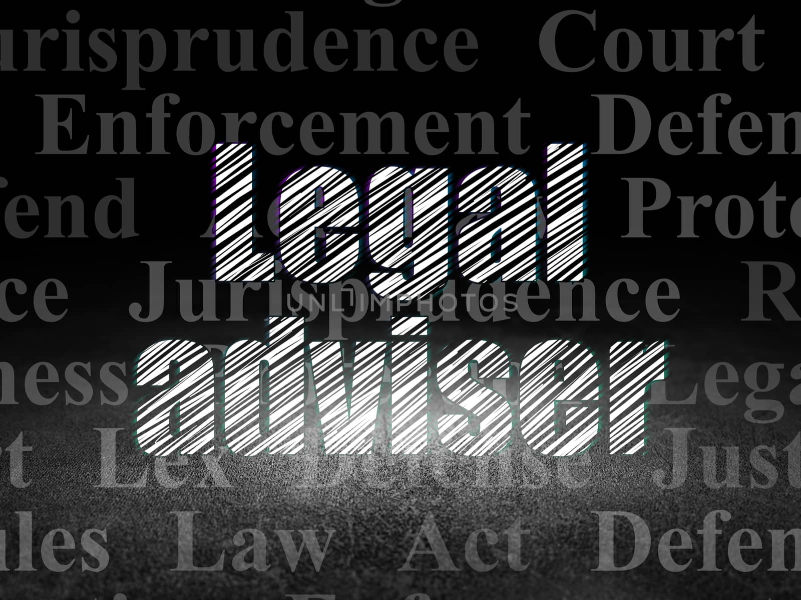 Law concept: Glowing text Legal Adviser in grunge dark room with Dirty Floor, black background with  Tag Cloud