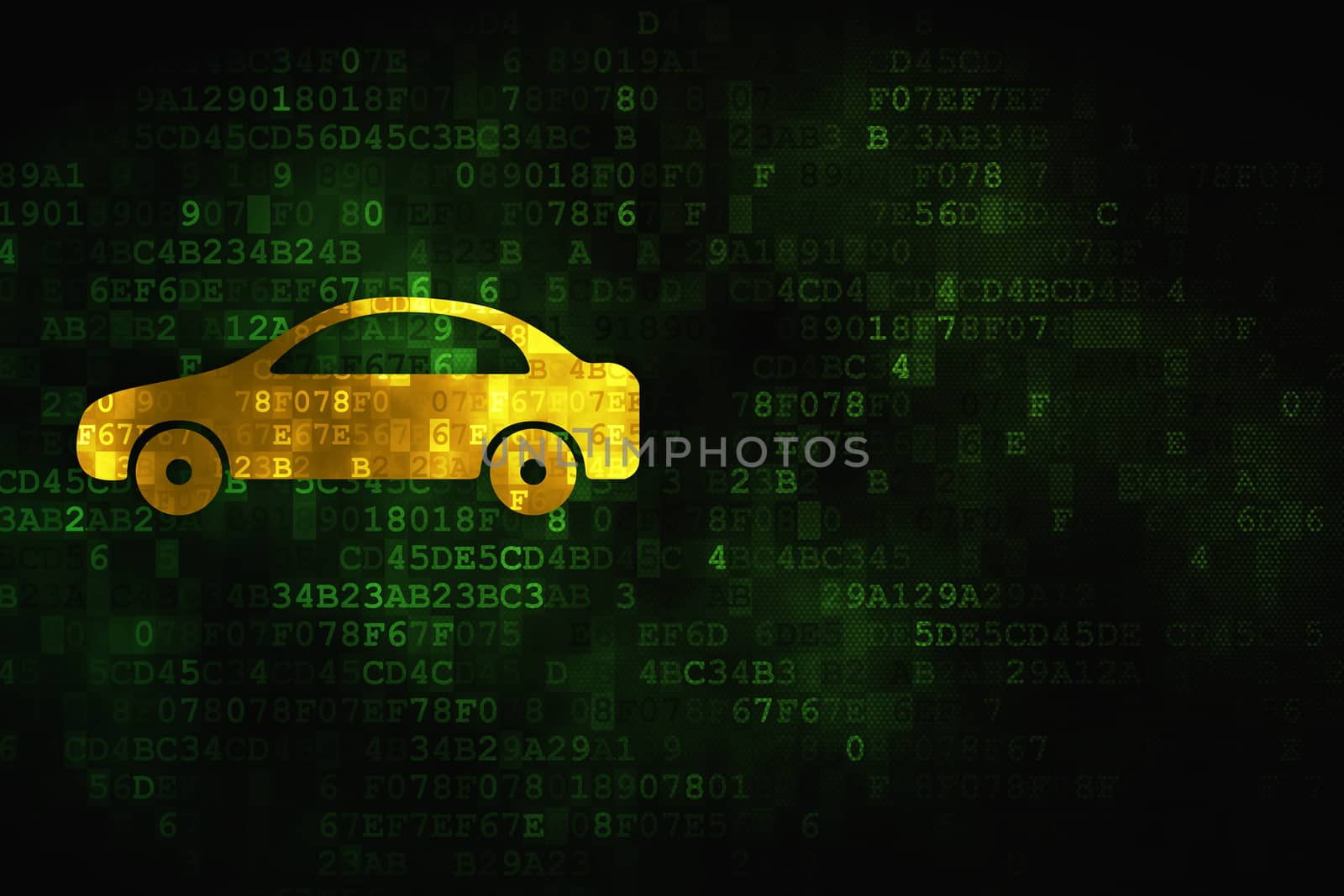 Vacation concept: pixelated Car icon on digital background, empty copyspace for card, text, advertising