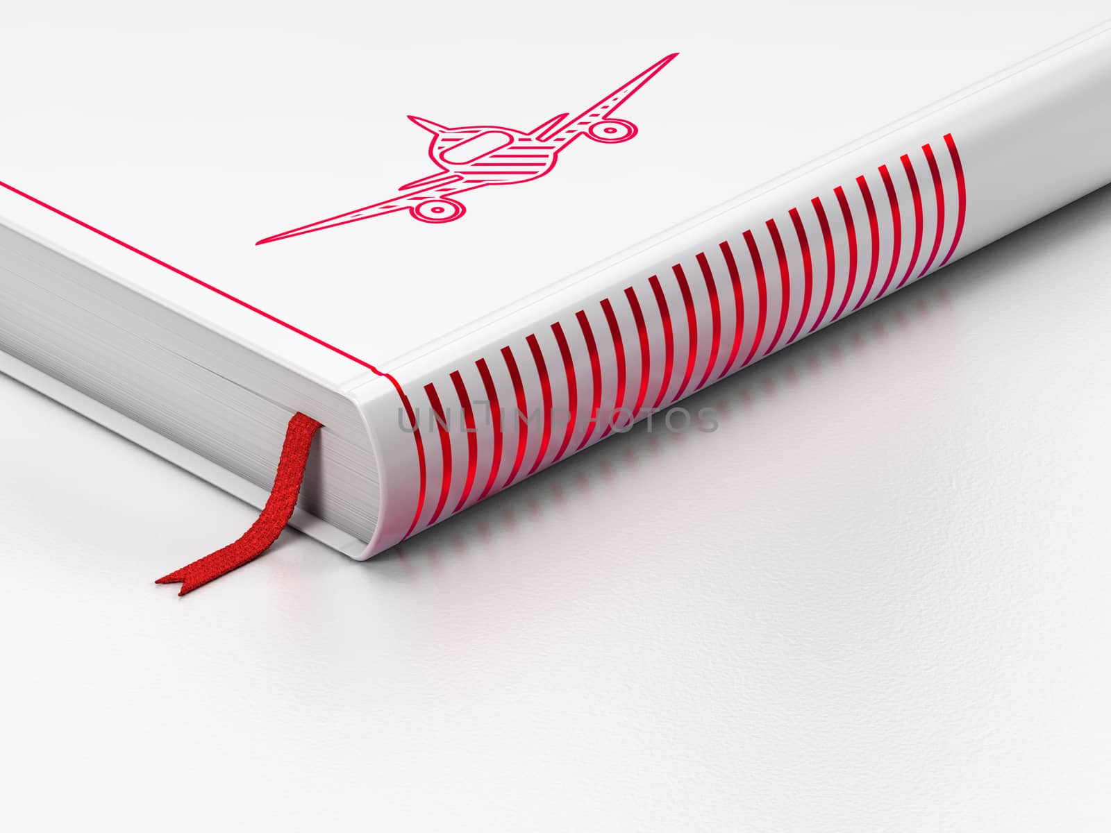 Travel concept: closed book with Red Aircraft icon on floor, white background, 3d render