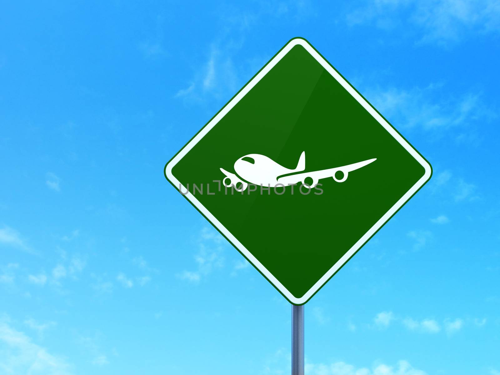 Tourism concept: Airplane on green road highway sign, clear blue sky background, 3d render