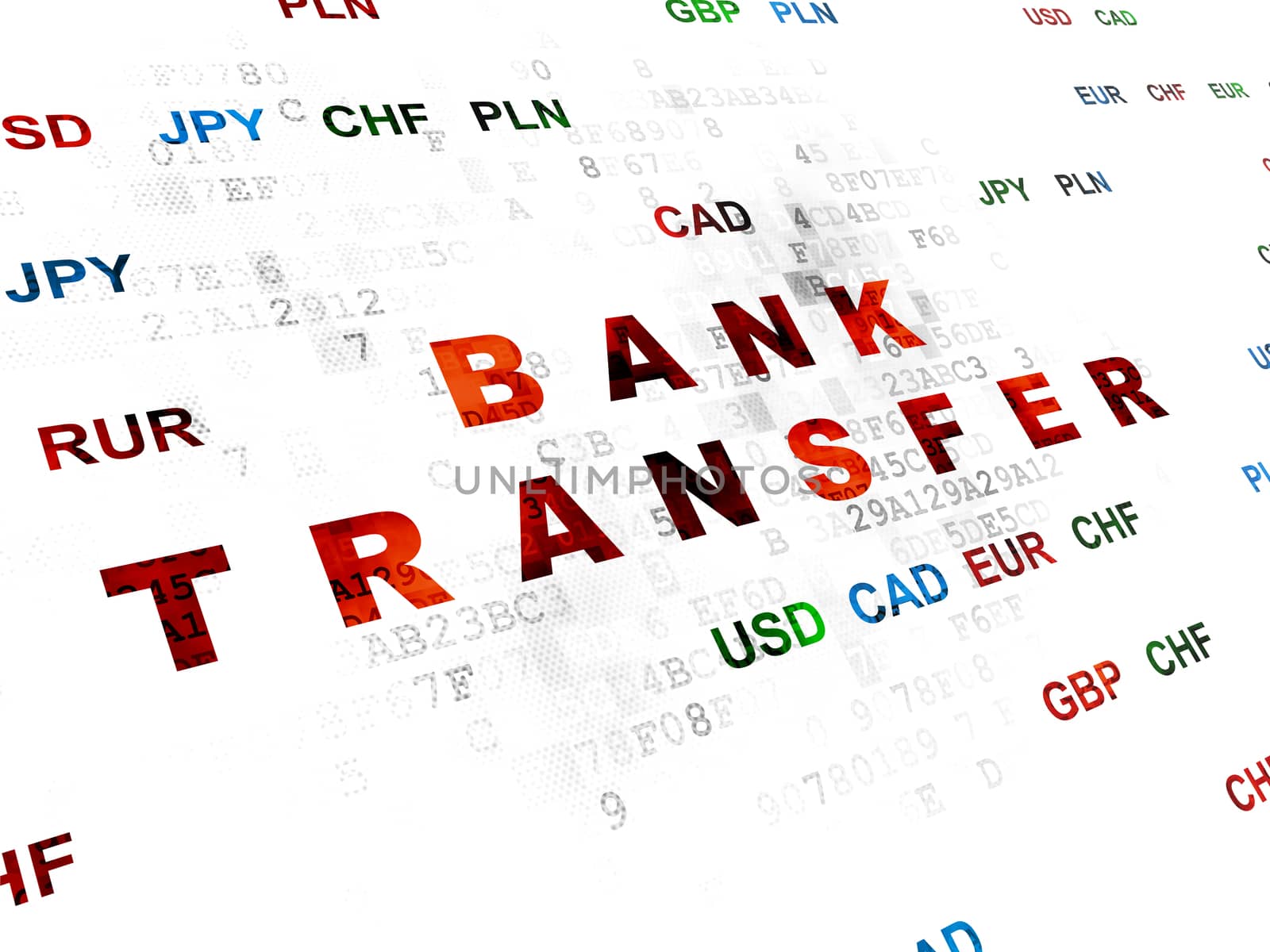 Banking concept: Pixelated red text Bank Transfer on Digital wall background with Currency