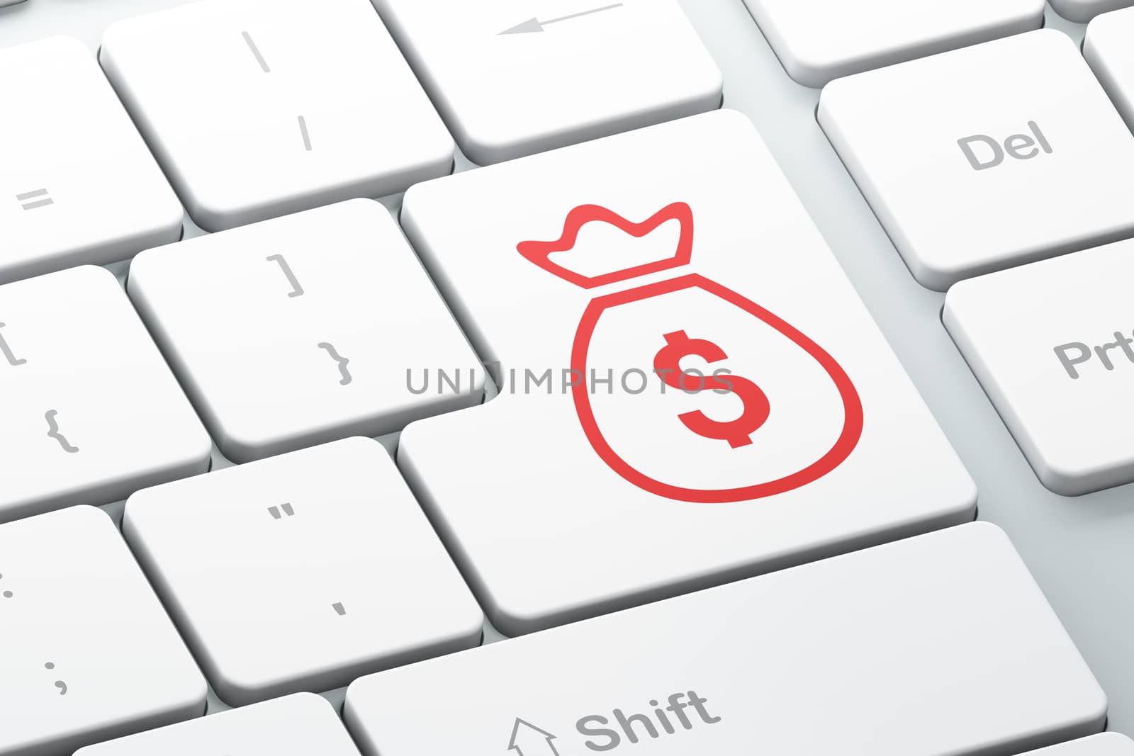 Banking concept: Enter button with Money Bag on computer keyboard background, 3d render