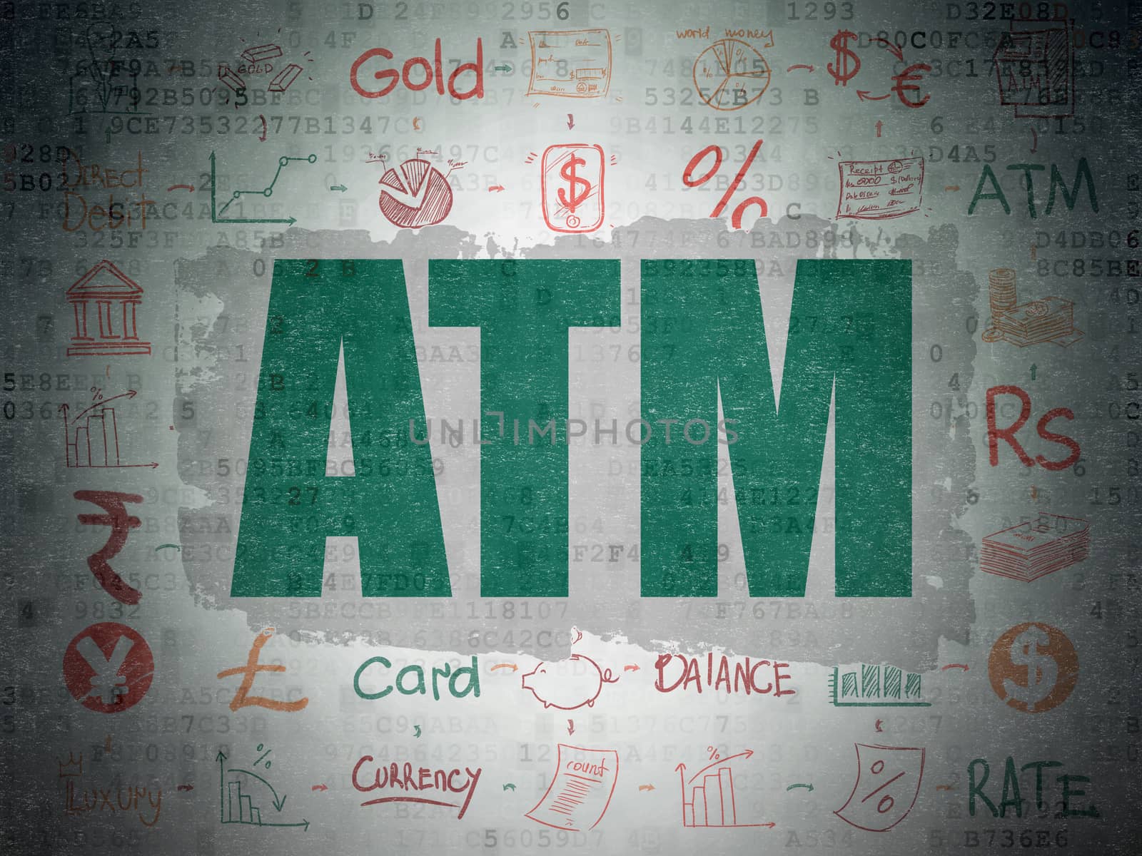 Banking concept: Painted green text ATM on Digital Paper background with  Scheme Of Hand Drawn Finance Icons