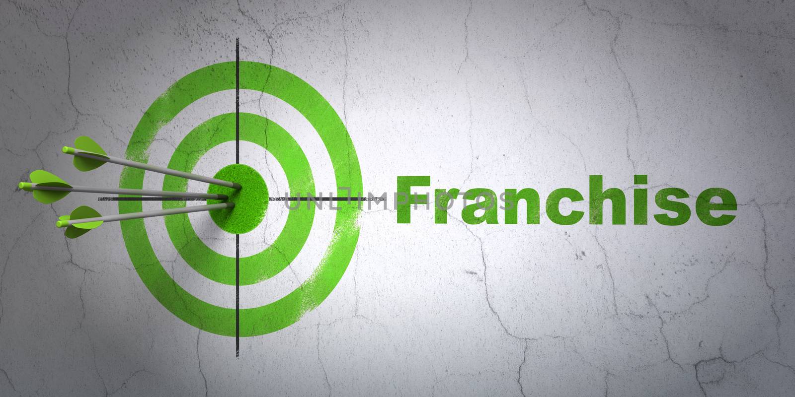 Success finance concept: arrows hitting the center of target, Green Franchise on wall background