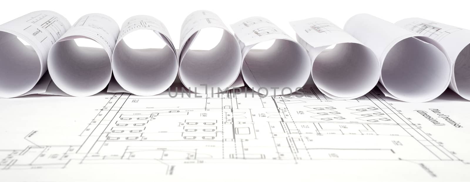 Architecture plan and rolls of blueprints, front view. Building concept