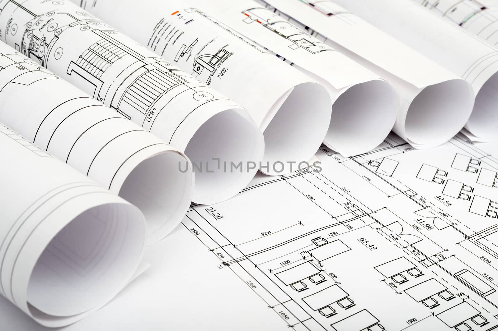 Architecture plan and rolls of blueprints by cherezoff