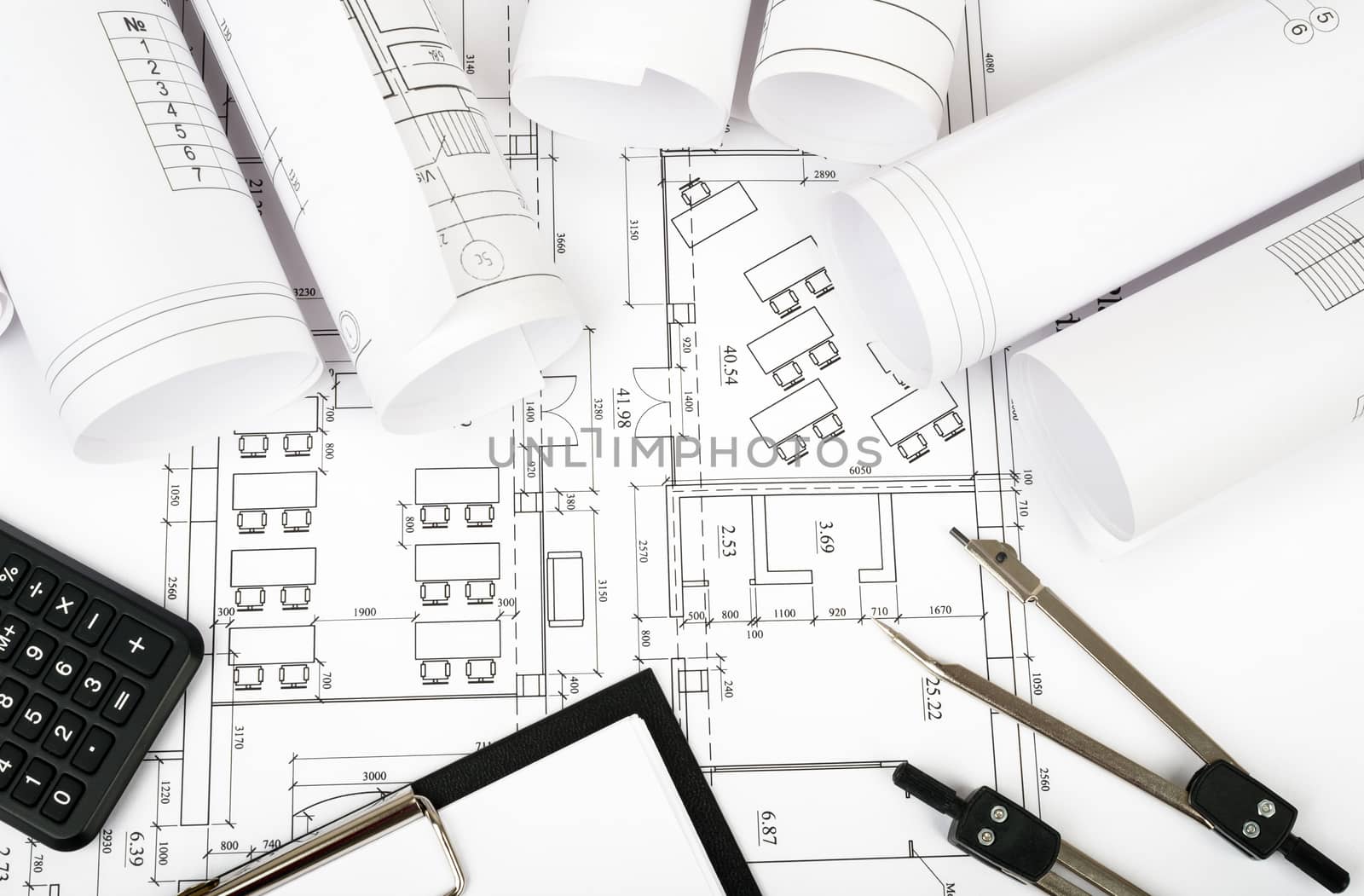 Architecture plan and rolls of blueprints by cherezoff