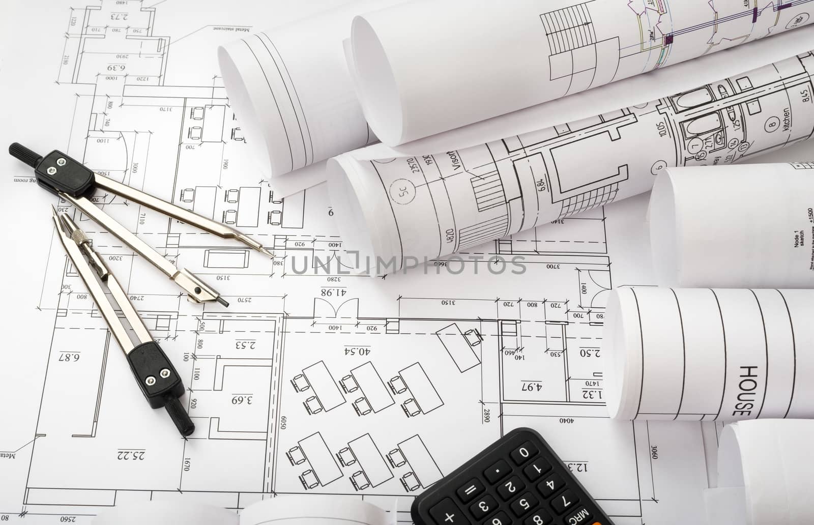 Architecture plan and rolls of blueprints by cherezoff