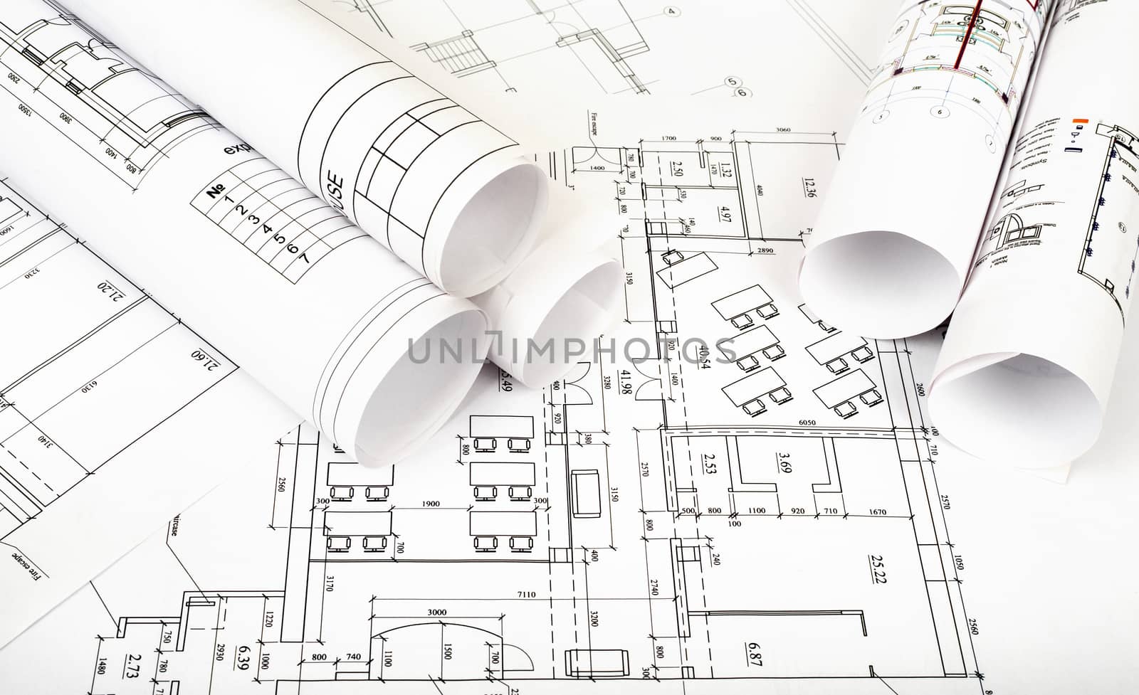 Architecture plan and rolls of blueprints by cherezoff