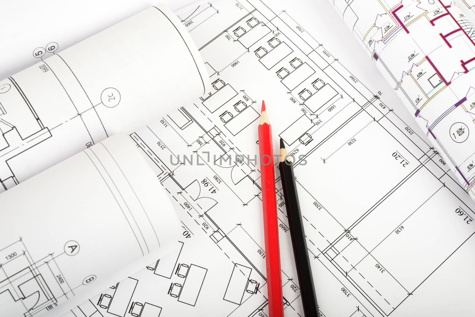 Architecture plan and rolls of blueprints by cherezoff