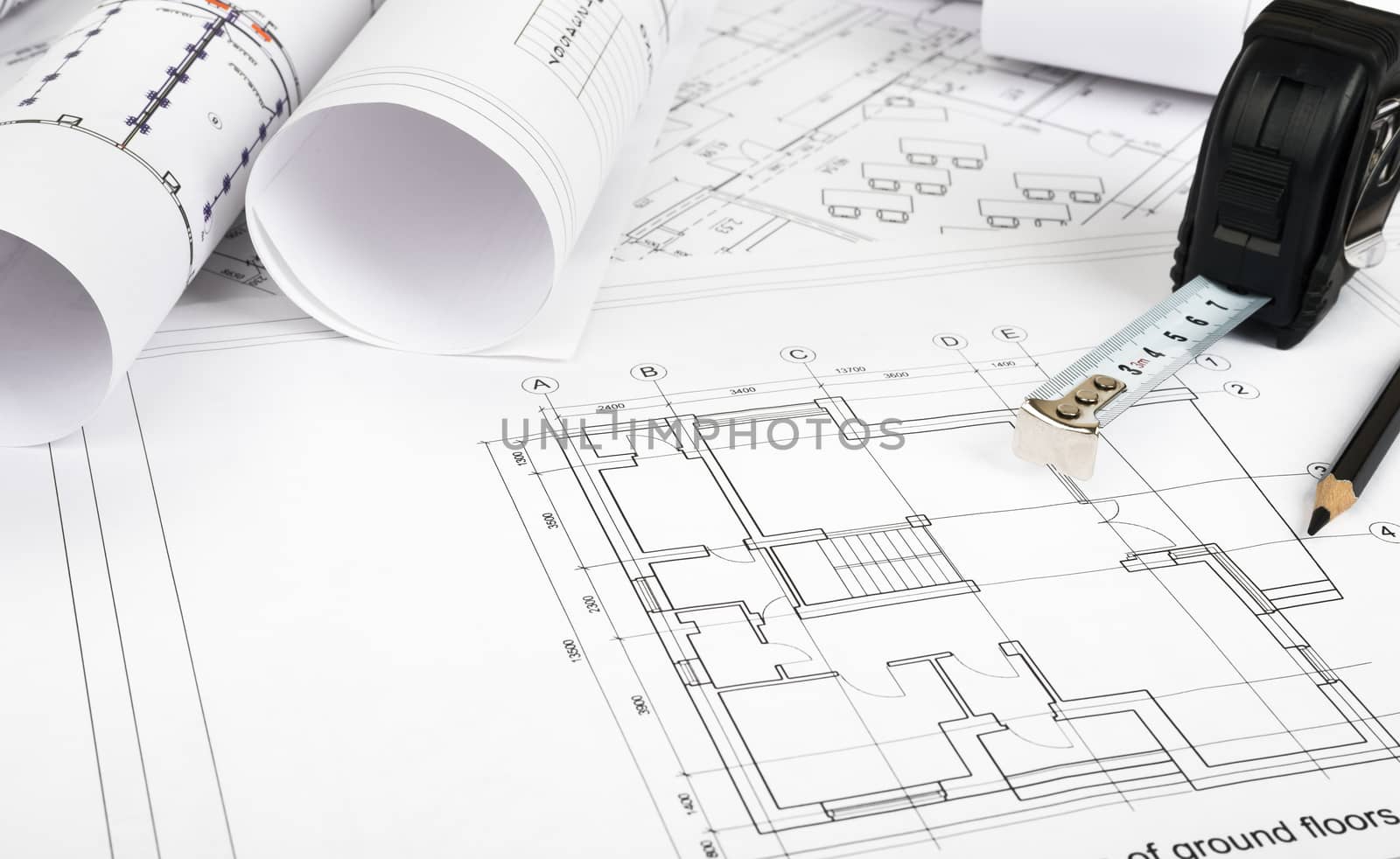 Architecture plan and rolls of blueprints by cherezoff