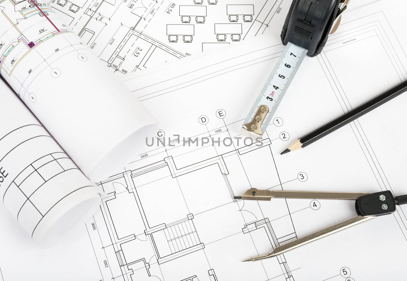 Architecture plan and rolls of blueprints by cherezoff