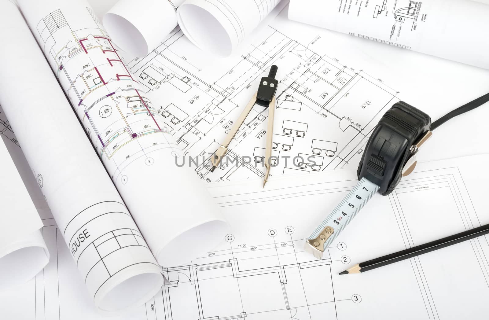 Architecture plan and rolls of blueprints by cherezoff