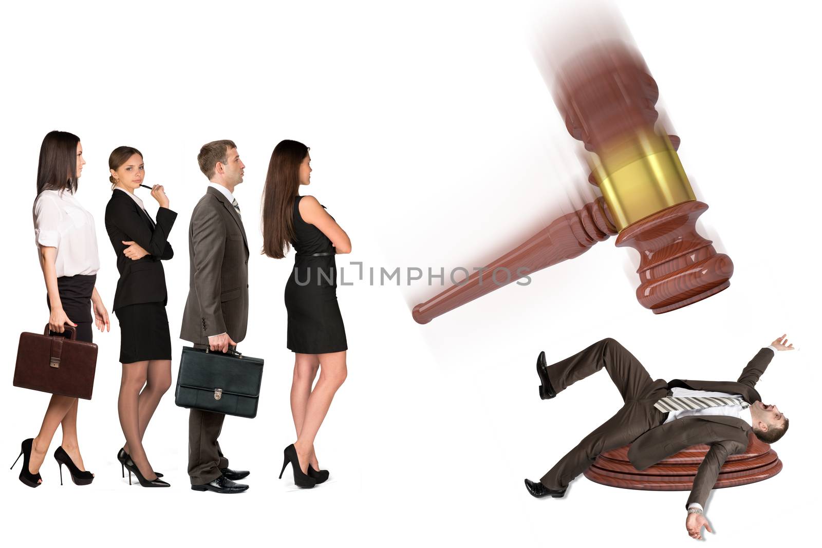 Inscribed gavel hitting scared businessman and crowd of waiting people, isolated on white background. Justice concept