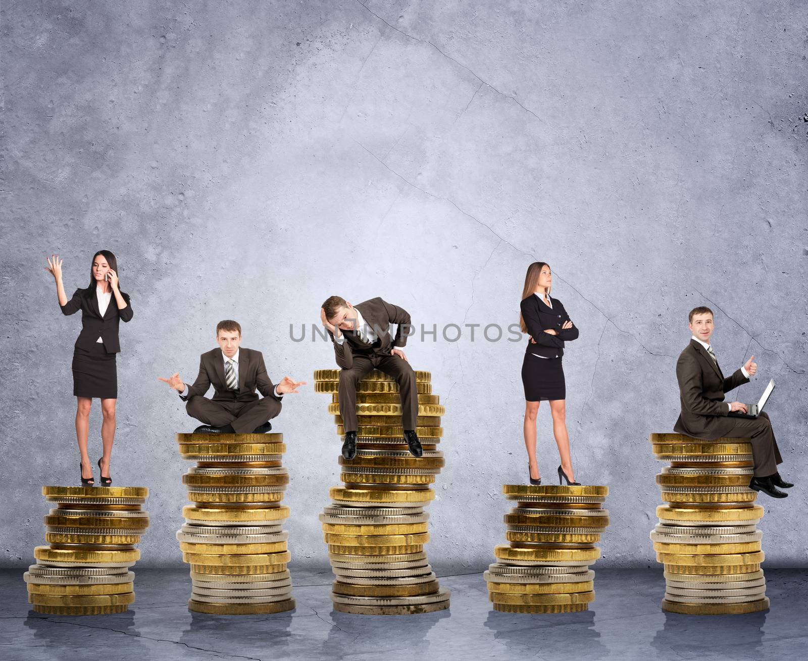 Business people doing different things on coins on grey wall background, business concept