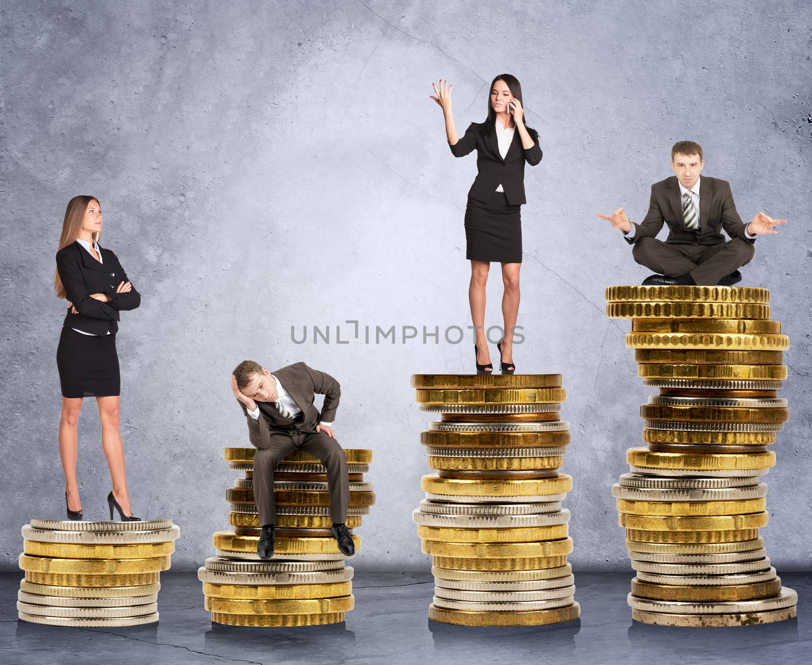 Business people doing different things on coins on grey wall background, business concept