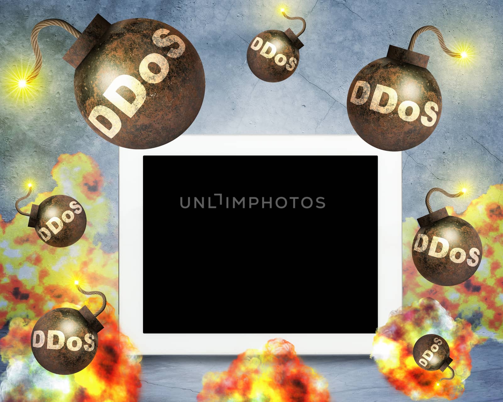 Bombs with fire falling on tablet, danger concept