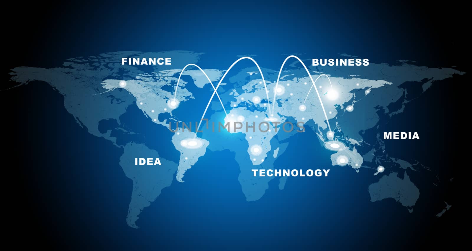 World map with business words and spotlights on blue