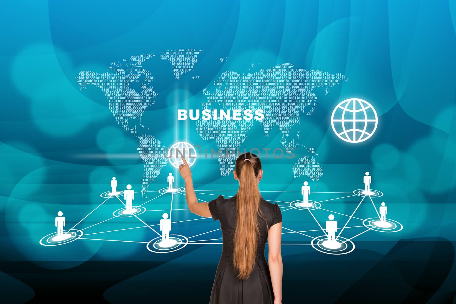 Businesswoman in front of world map by cherezoff