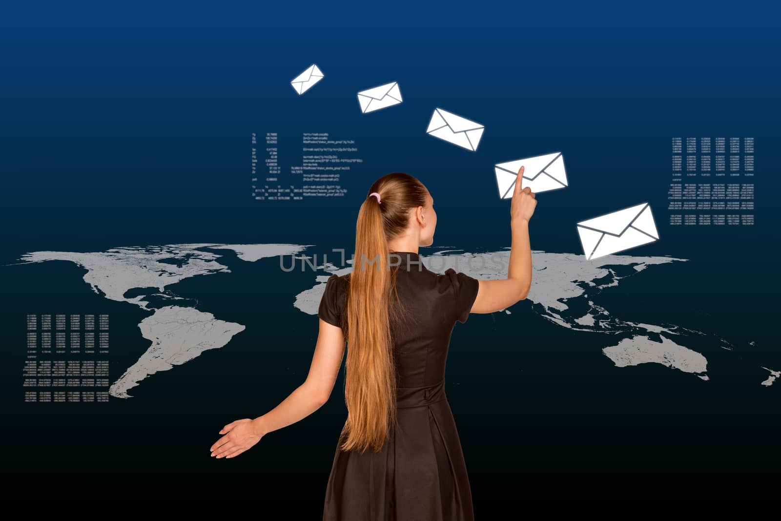 Businesswoman in front of world map touching holographic screen with envelopes, tecgnology concept