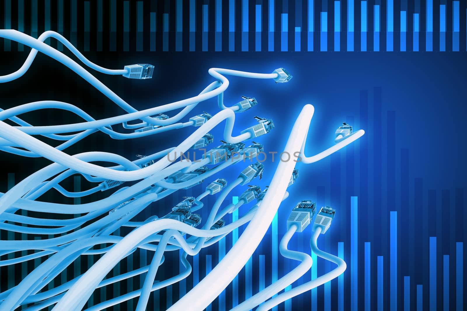 Abstract blue background with light spots and computer cables, internet concept