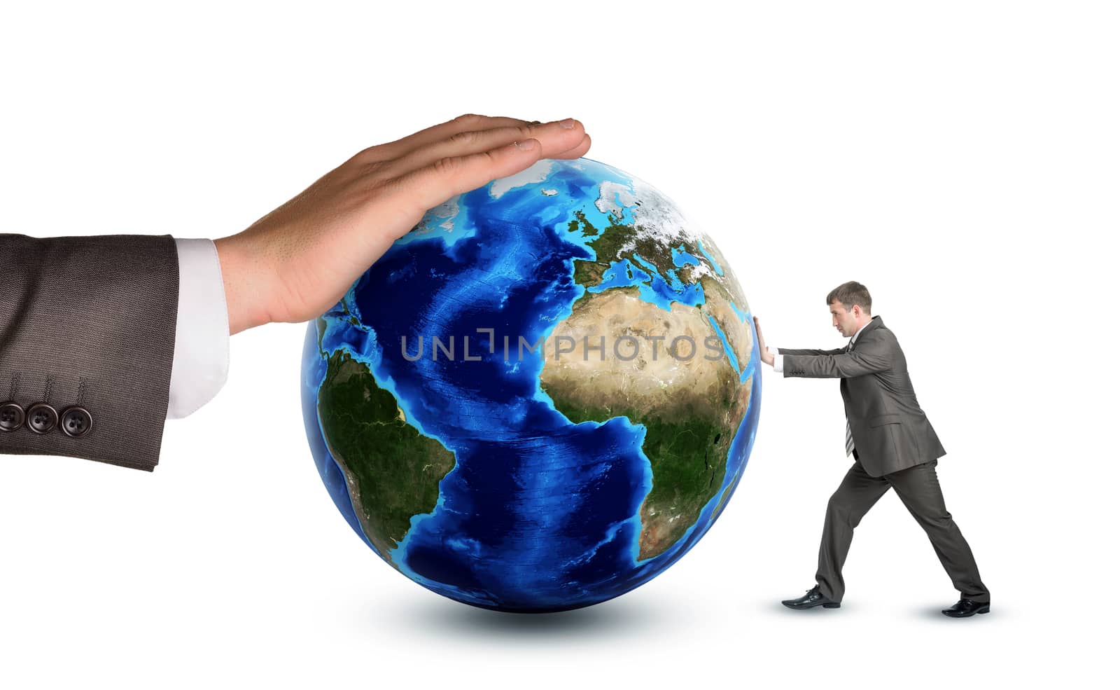 Businessman pushing earth globe by cherezoff