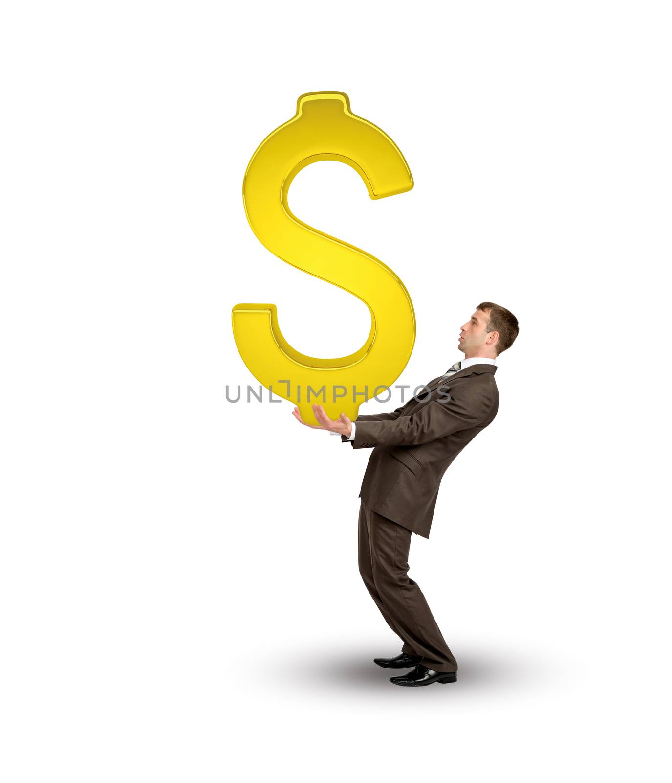 Businessman holding big gold dollar sign isolated on white background
