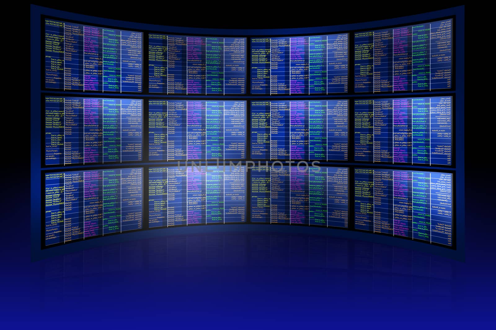 Set of monitors with matrix on abstract blue background, technology concept
