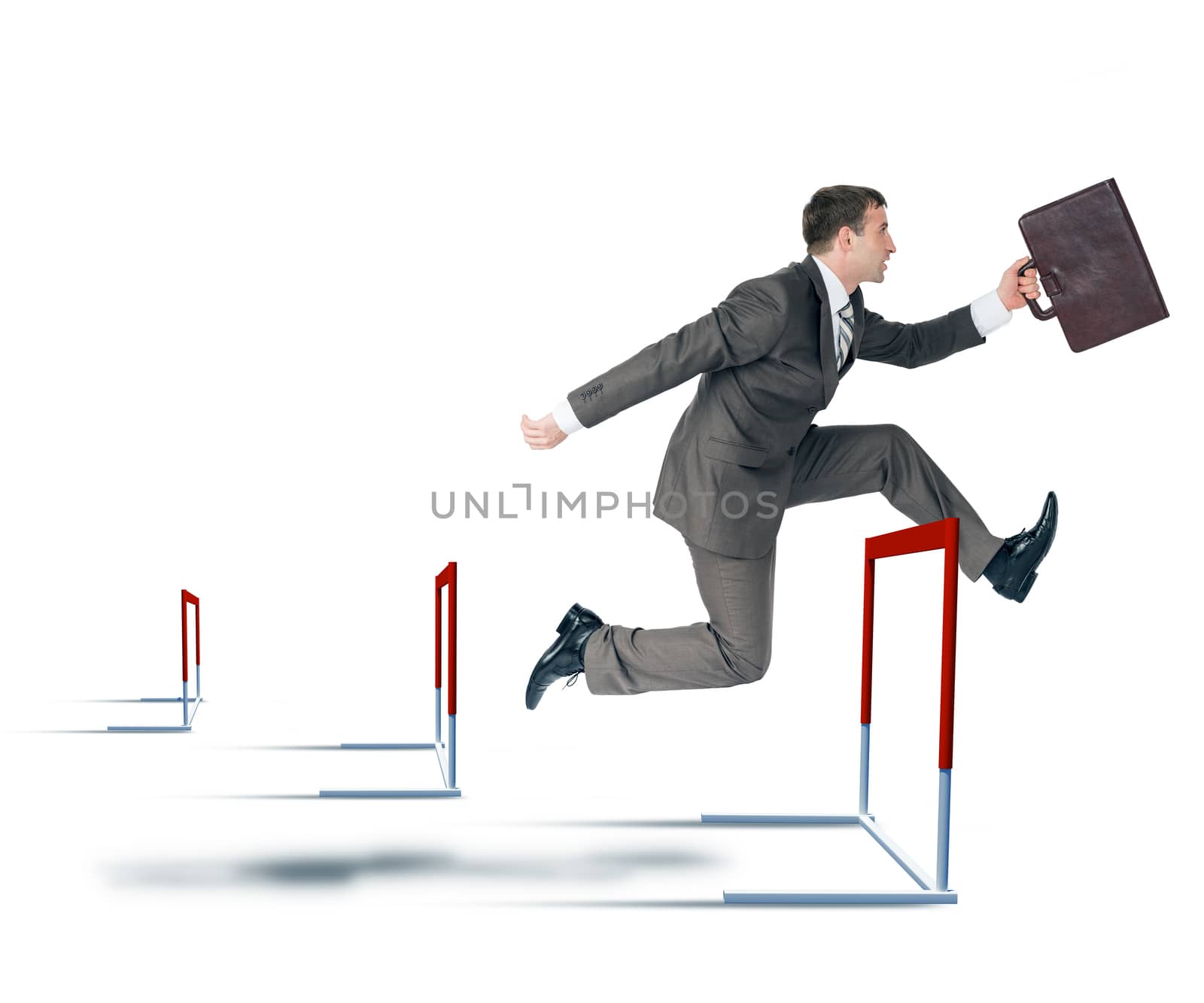 Businessman hoppig over barrier isolated on white background, competition concept