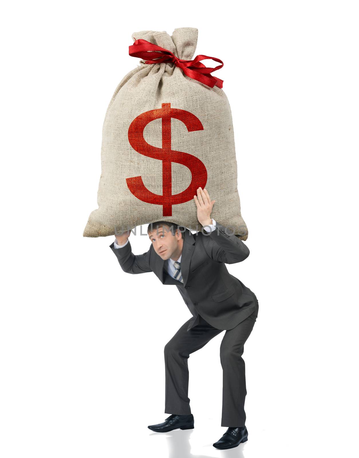 Businessman holding big bag with dollar sign isolated on white background