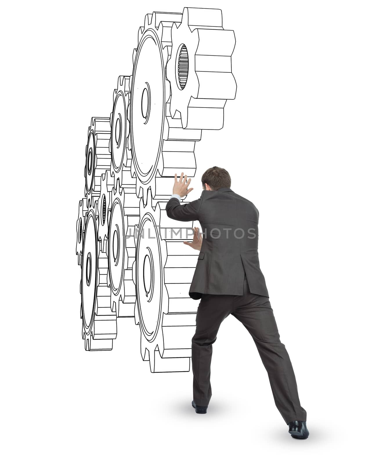 Businessman pushing cog wheels isolated on white background