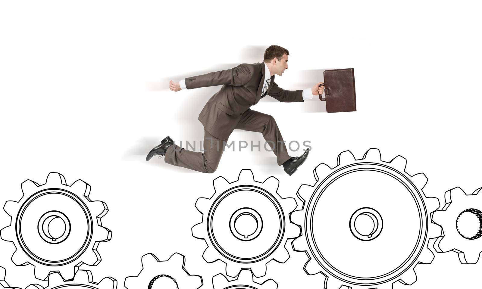 Businessman running on cog wheels isolated on white background
