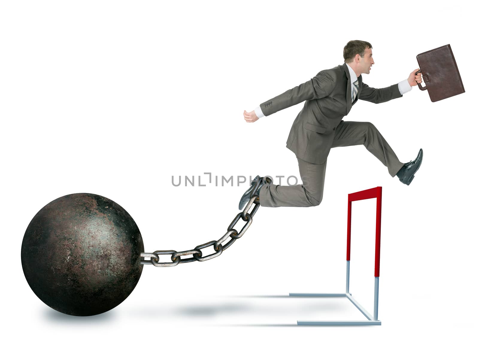 Businessman with iron ball hoppig over barrier isolated on white background, competition concept