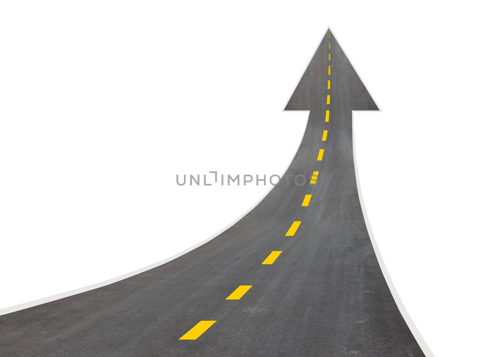 Road going up llike arrow with yellow line isolated on white background