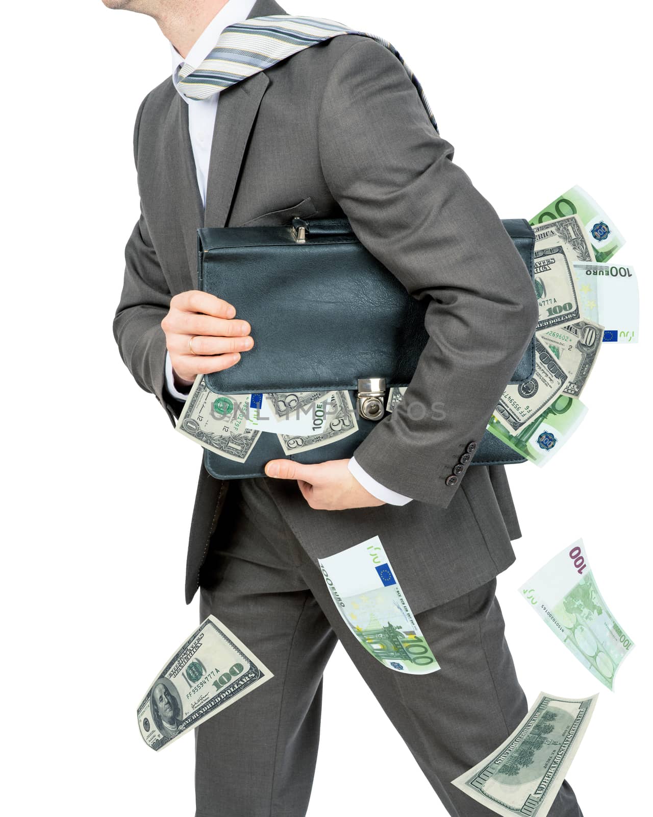 Businessman holding briefcase full of money isolated on white background