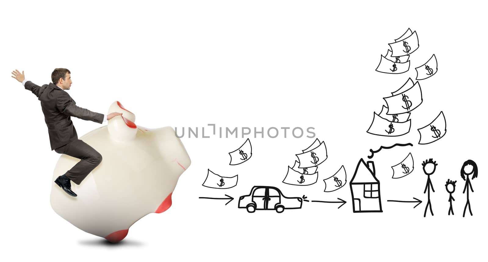 Businessman riding pigy bank on white background with drawing, business concept