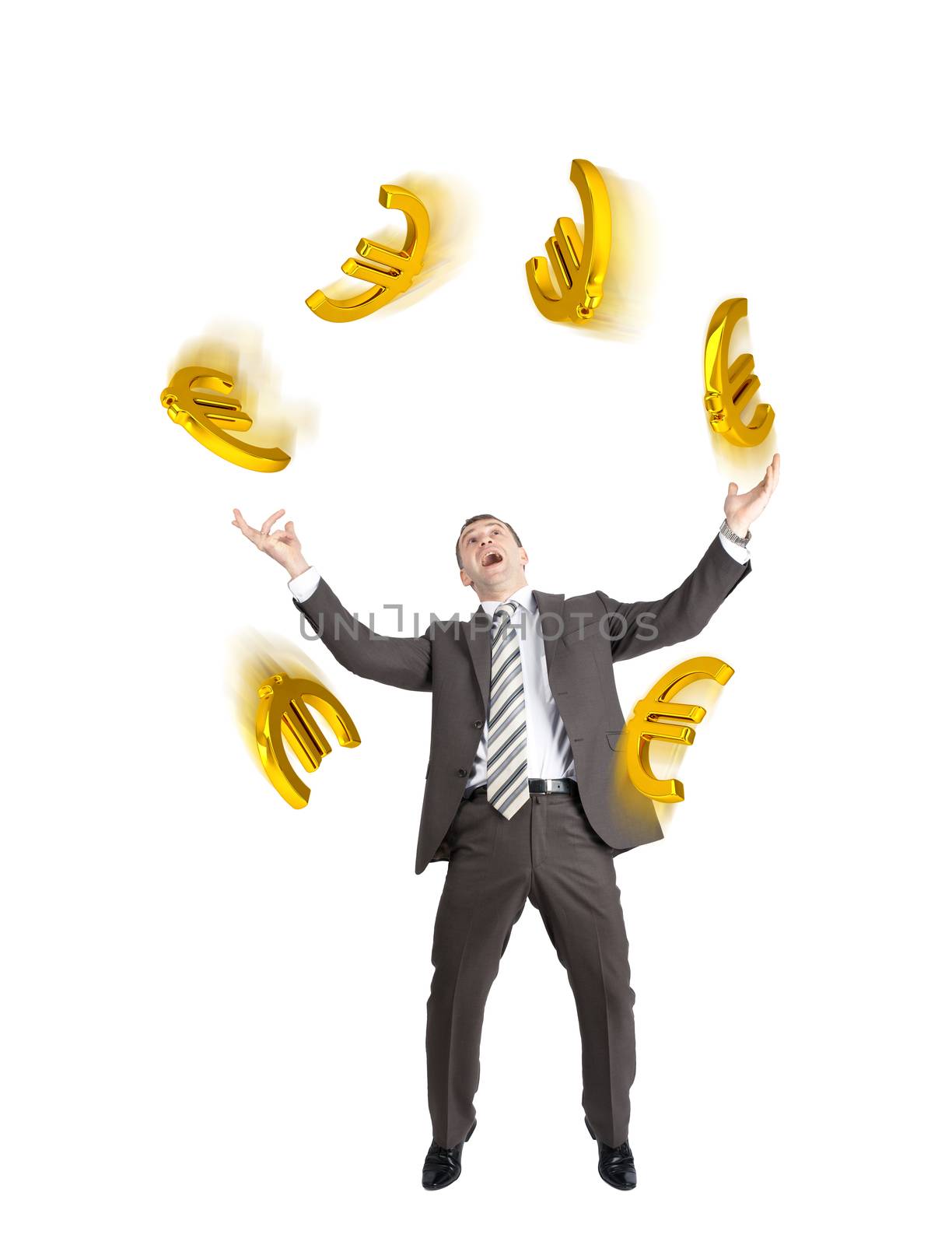 Businessman juggling euro signs isolated on white background