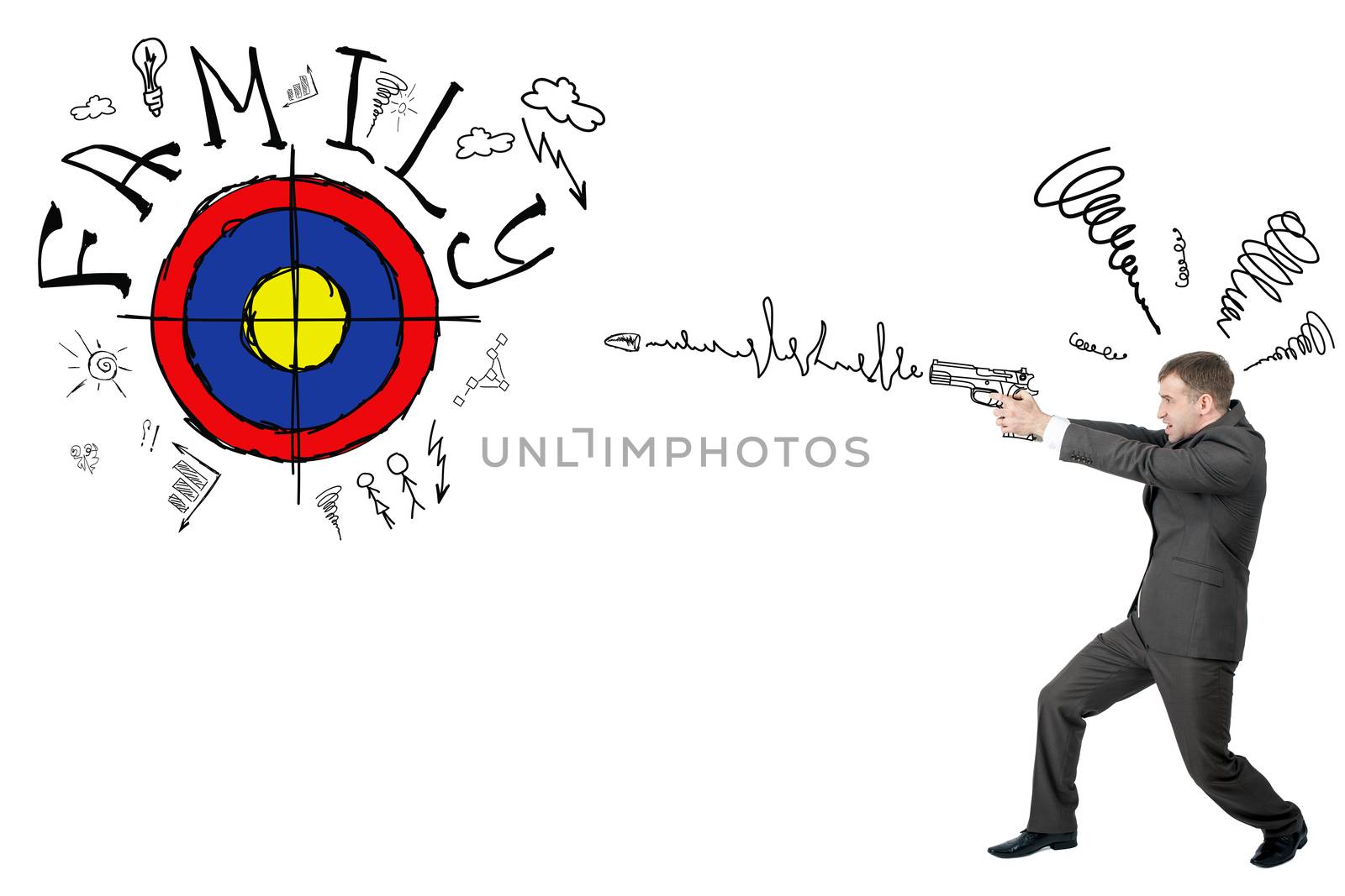 Businessman shooting from gun to darts with word family isolated on white background, goal concept