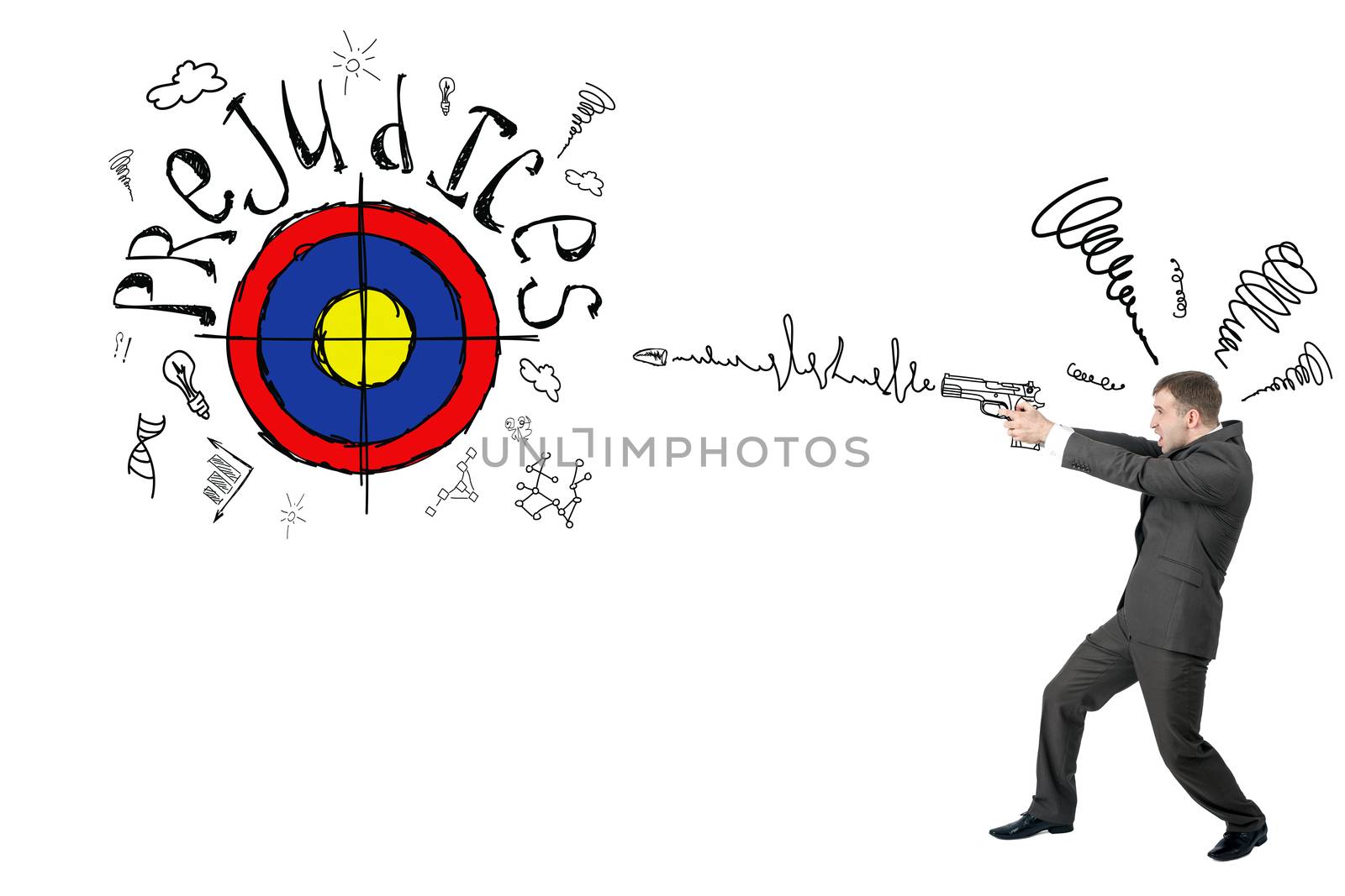 Businessman shooting from gun to darts with word prejudice isolated on white background, goal concept