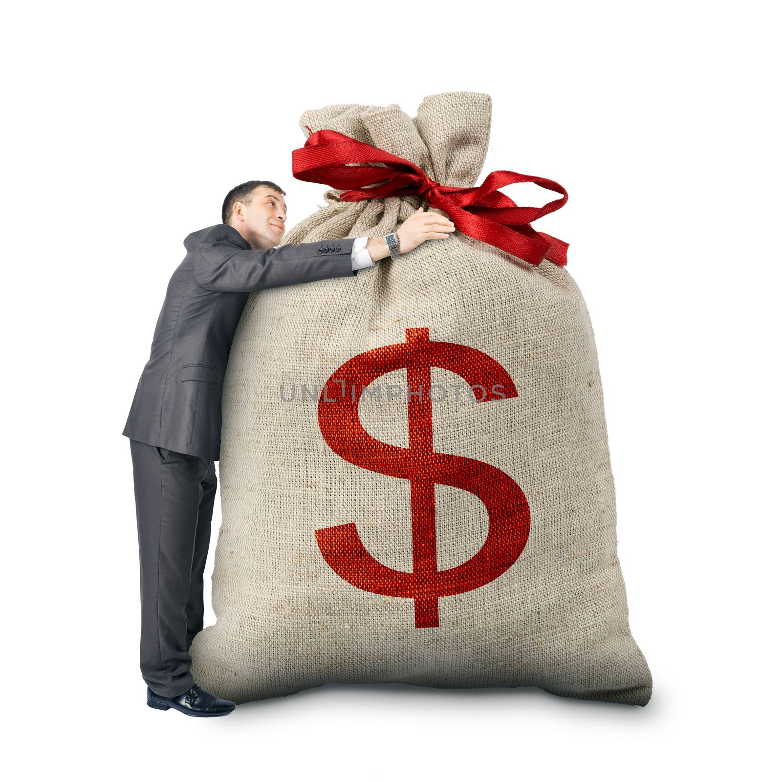 Businessman hugging big bag with dollar sign isolated on white background