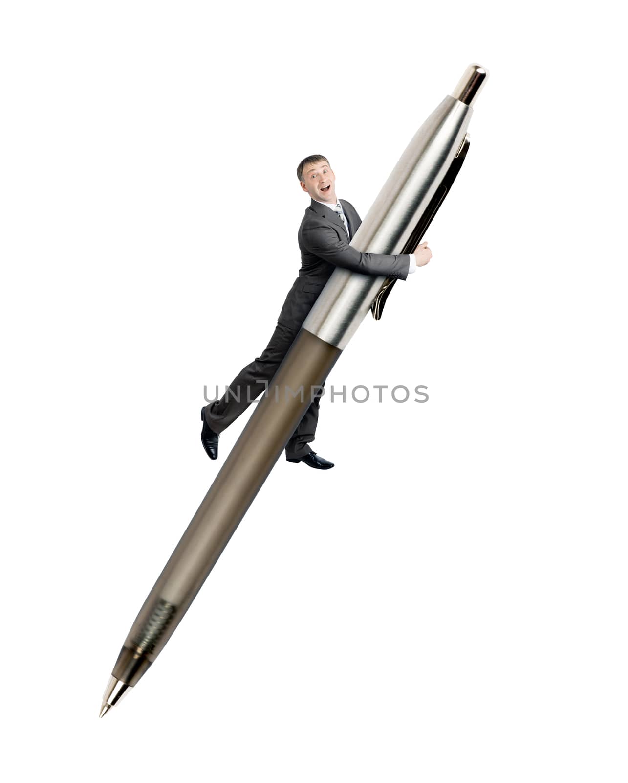 Businessman flying on big pen isolated on white background
